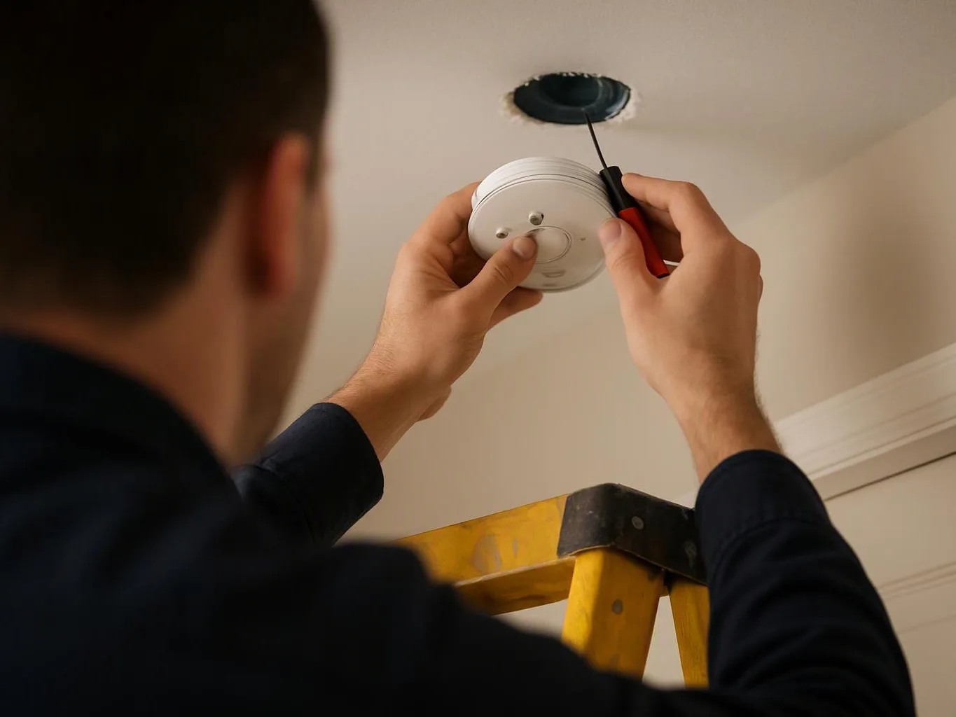 A person on a ladder installs a smoke detector into a ceiling opening with a screwdriver