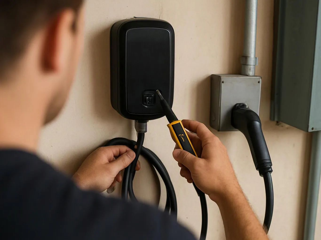A person probes a wall-mounted electrical unit with a tester while holding cables in a utility area