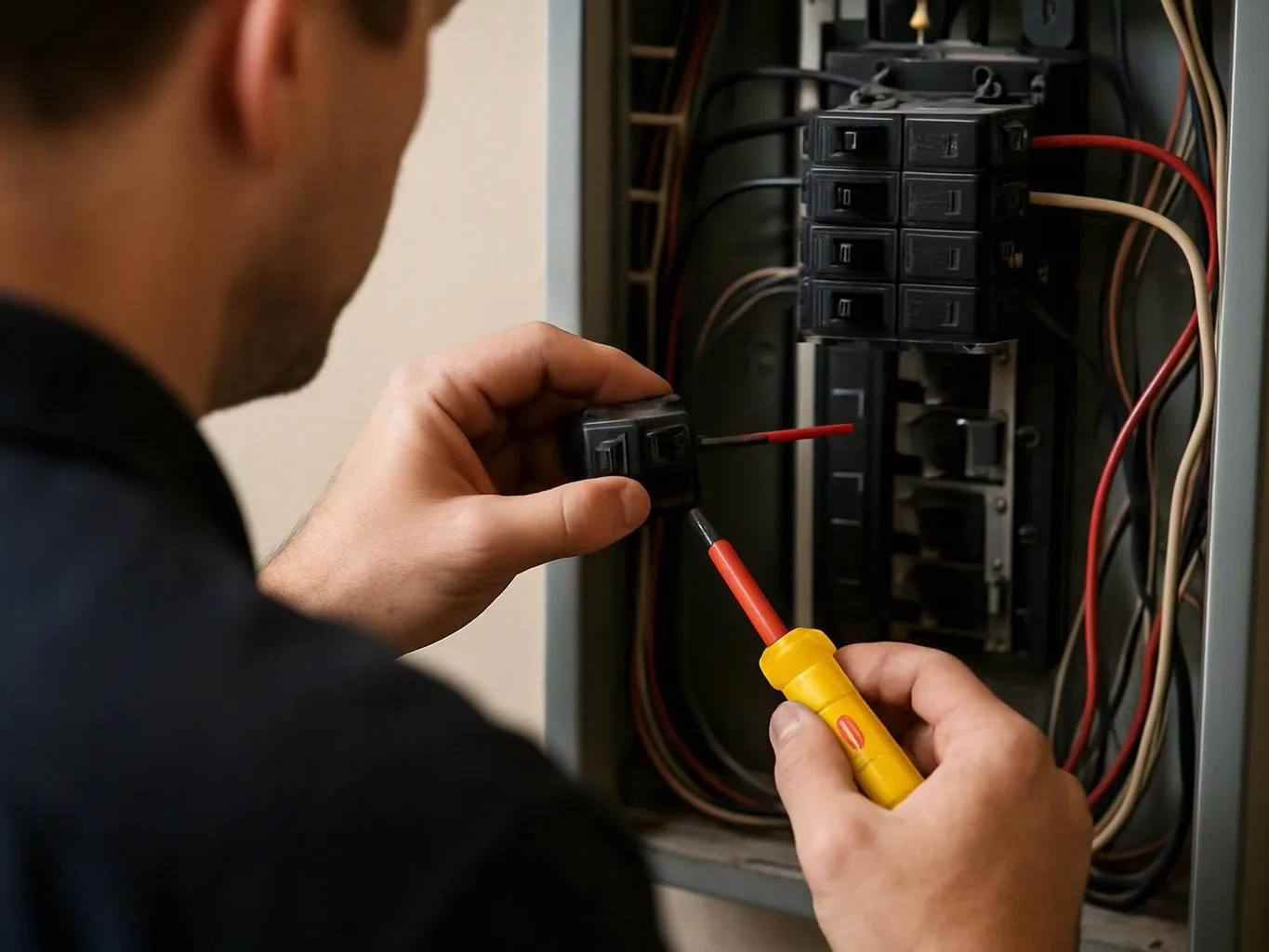 A person tests a breaker panel with a voltage tester, surrounded by exposed wires inside a metal box