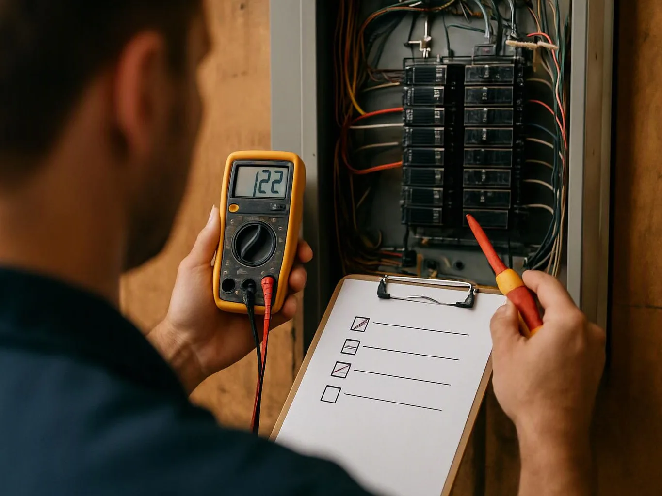 A person tests an electrical panel with a multimeter while checking a clipboard in a wooden wall opening
