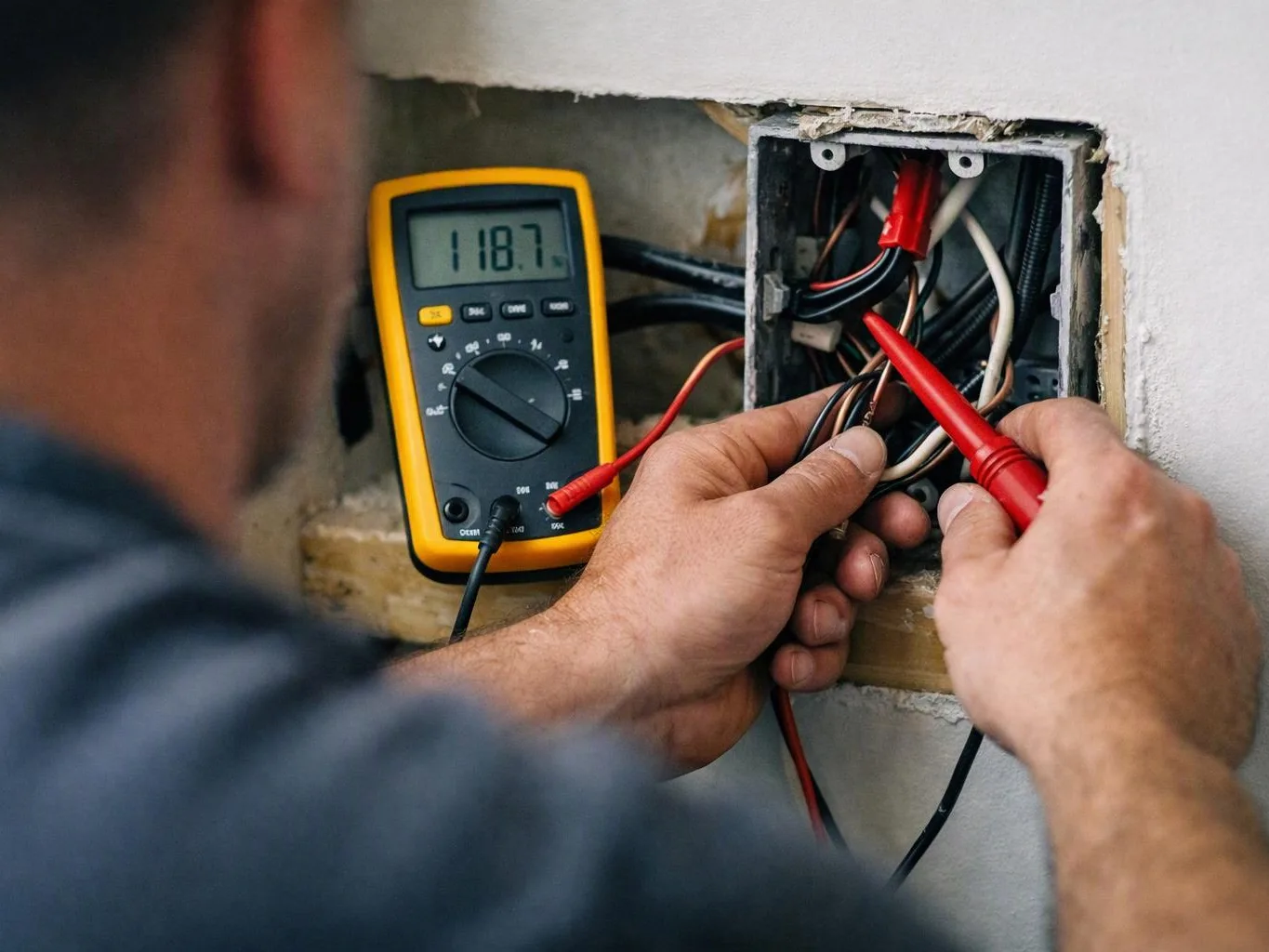 A person tests exposed electrical wiring in a wall box with a digital multimeter on a construction site