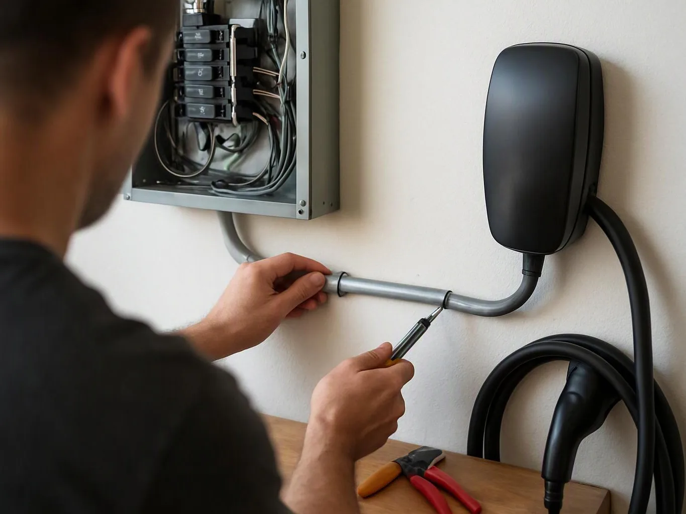 A person works on wall-mounted electrical wiring beside an open breaker box and charging cable near a workbench