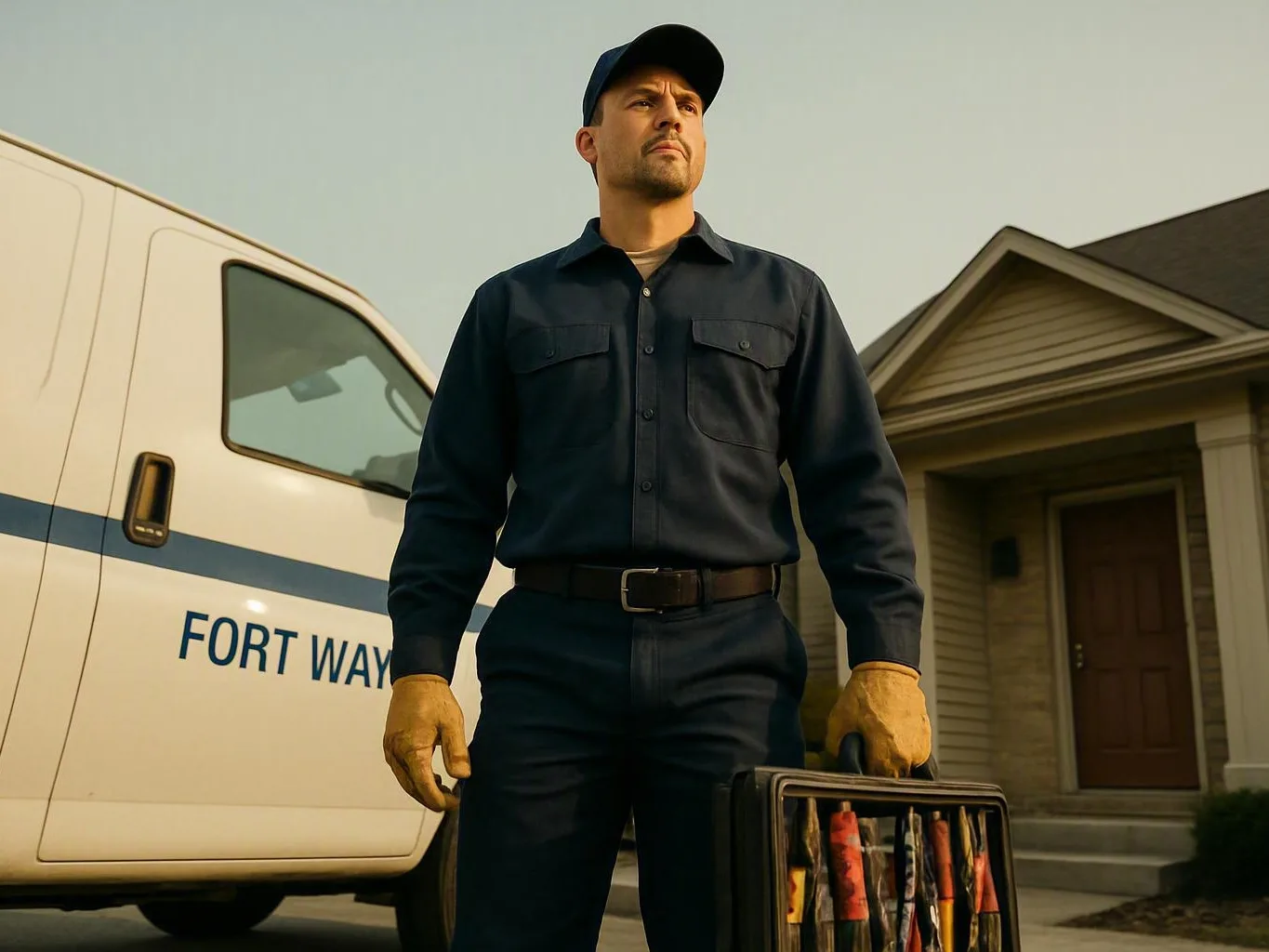 Delivery worker holding a toolbox beside a white van outside a house