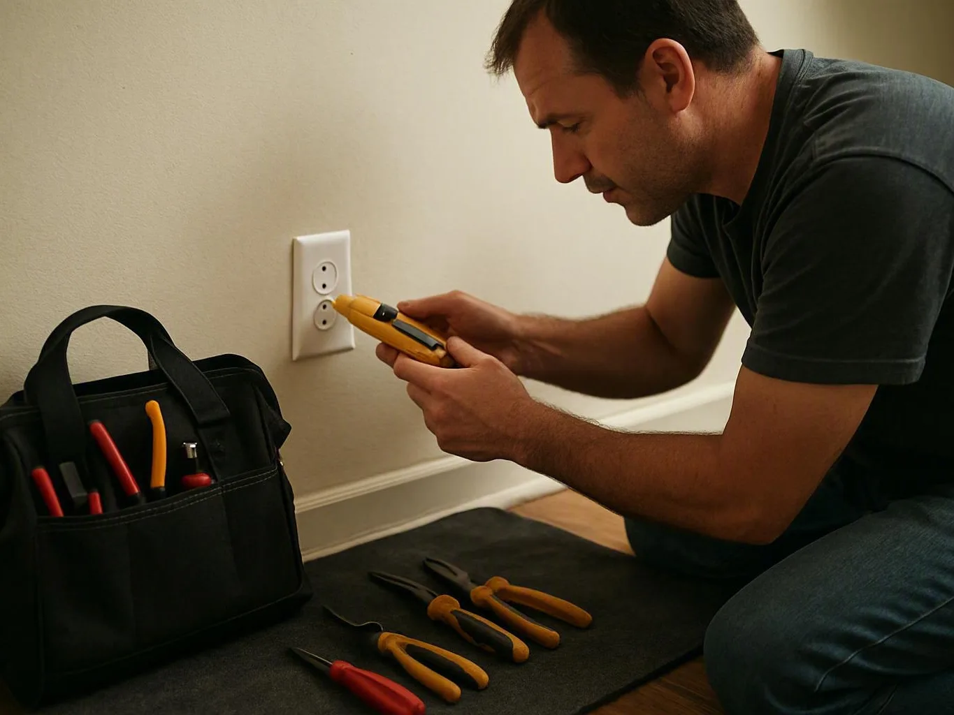 Electrician checking outdoor conduit after a winter freeze