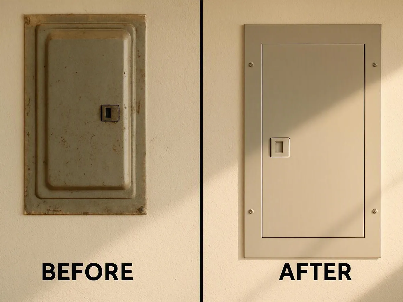 Side-by-side photos show a rusty electrical panel cover before and a clean