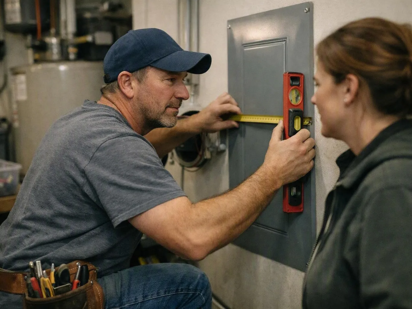 Man measures a gray electrical panel with a tape measure as a woman watches
