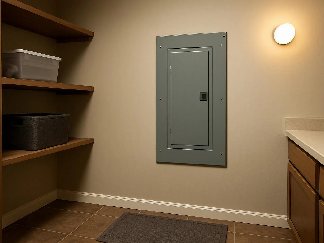 Empty laundry room with gray electrical panel, wall shelves, and countertop — How Do You Handle Switch Repairs for Multipl...