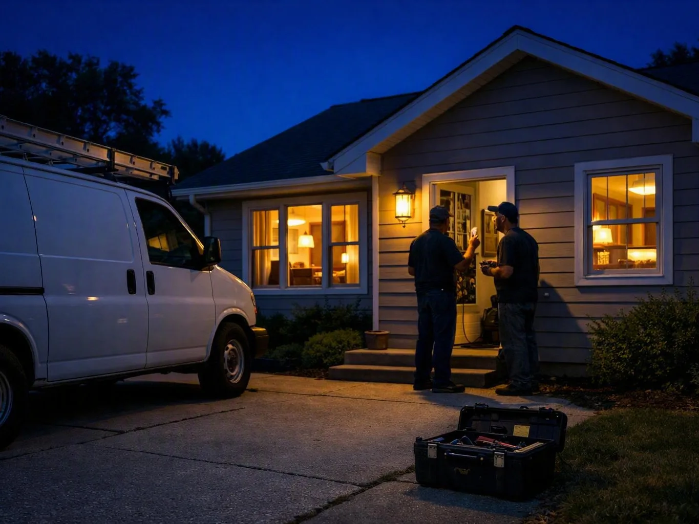 Two workers stand beside a white service van and open toolbox at a lit doorway