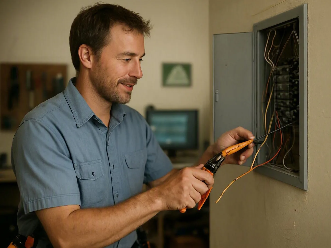 Electrician in a blue shirt working on exposed wiring inside an open electrical