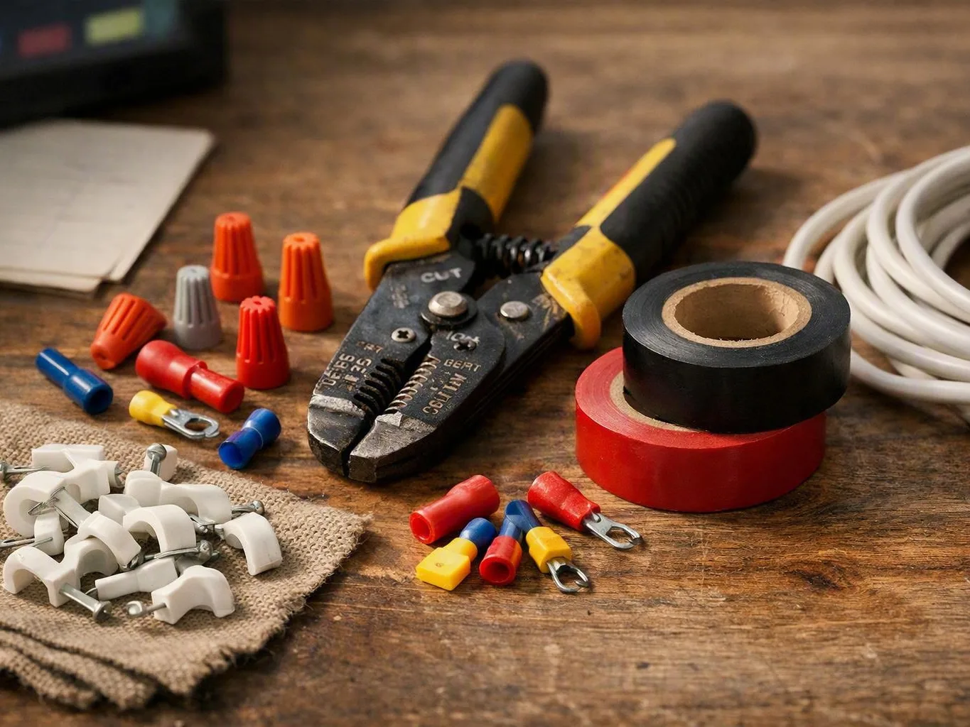 Wire strippers, electrical connectors, tape, and cable clips arranged on a