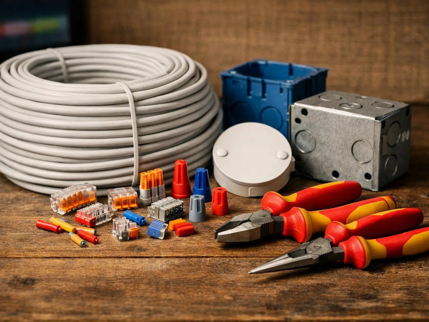Electrical cable, boxes, connectors, and insulated pliers arranged on a wooden