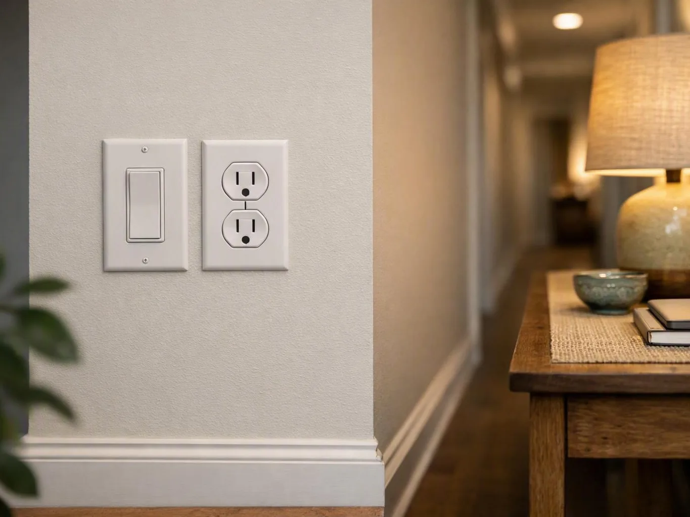 White light switch and outlet on a hallway wall beside a lamp and wooden table — How Does Emergency Service Handle a Hot L...