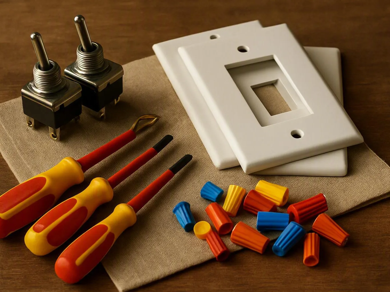 Electrical tools, toggle switches, wall plates, and colorful wire connectors