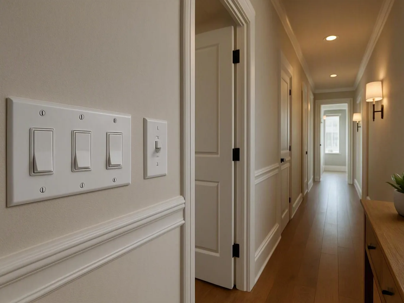 Residential hallway with light switches, open doors, wall sconces, and a bright