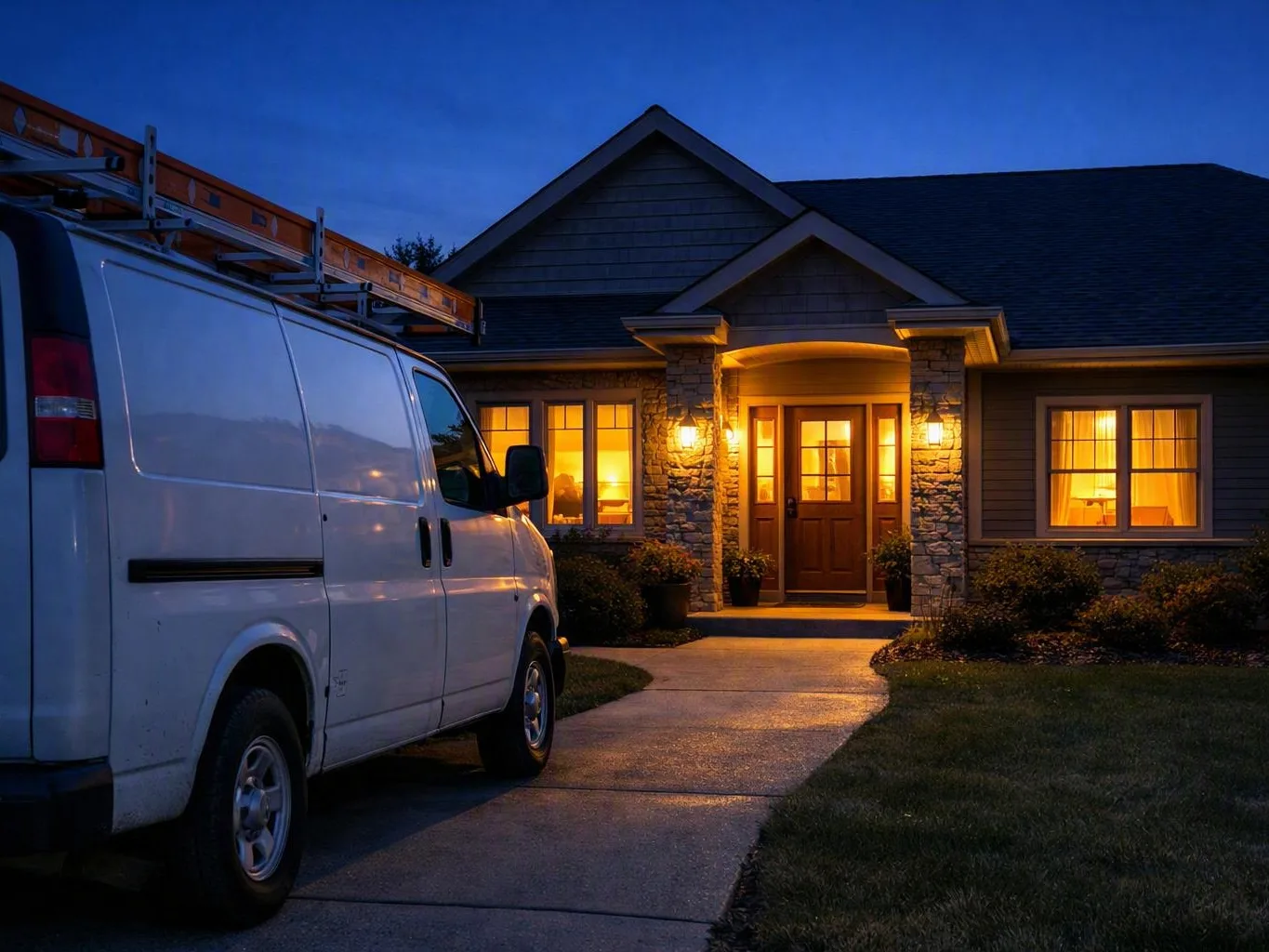 White electrician van with ladder parked beside a lit suburban house at dusk