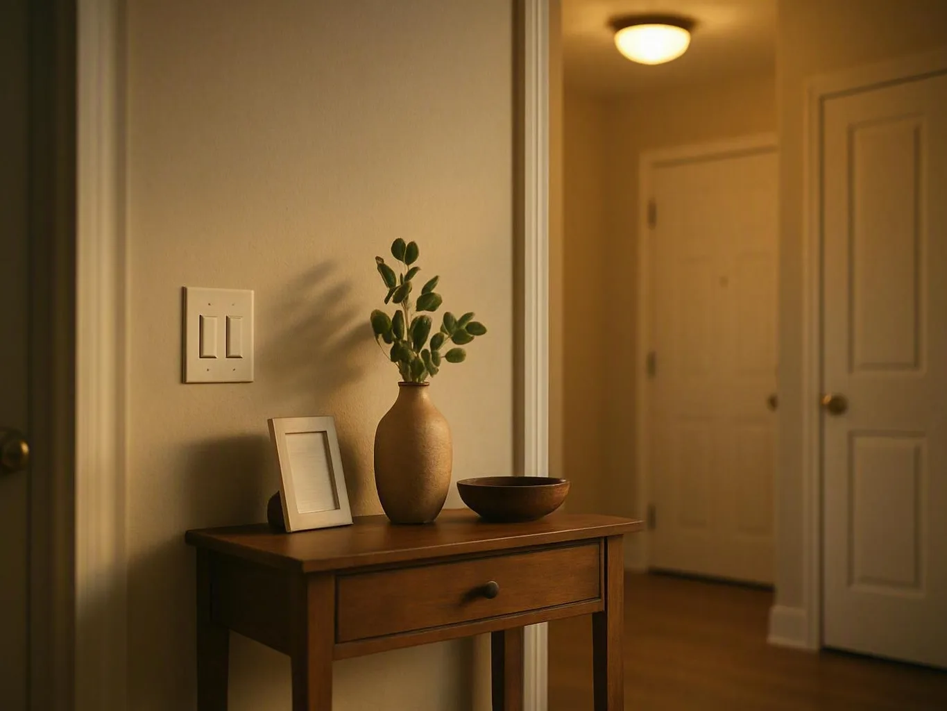 Wooden table with a vase, framed picture, and bowl beside a warmly lit hallway