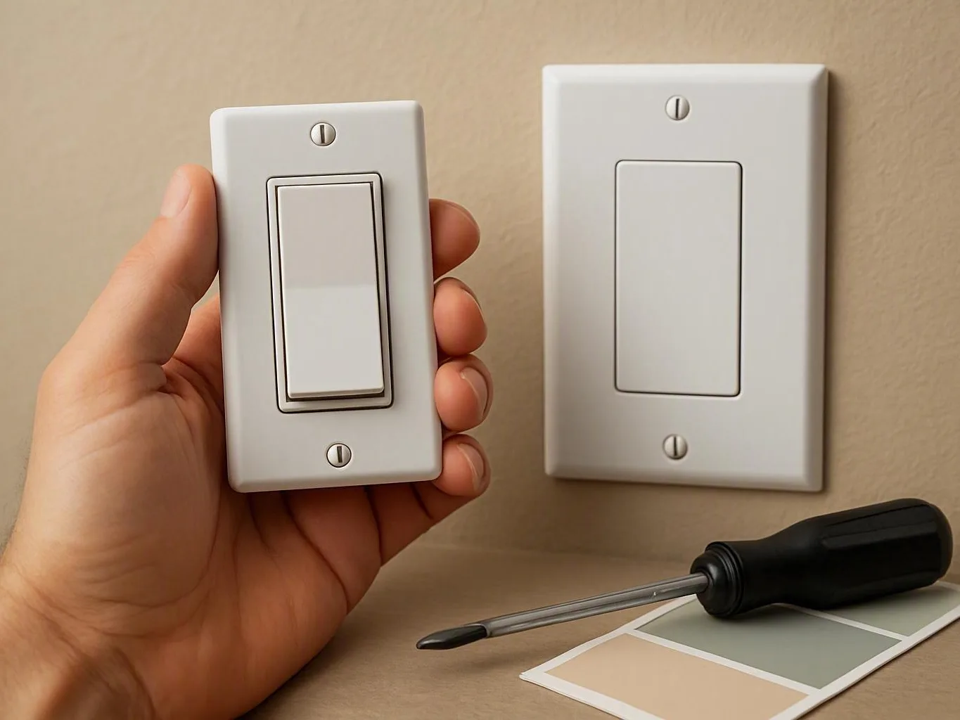 Hand holding a white dimmer switch beside another switch, screwdriver, and