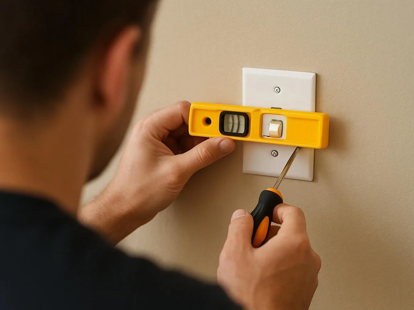 Person adjusting a wall plate with a yellow level and screwdriver on a beige