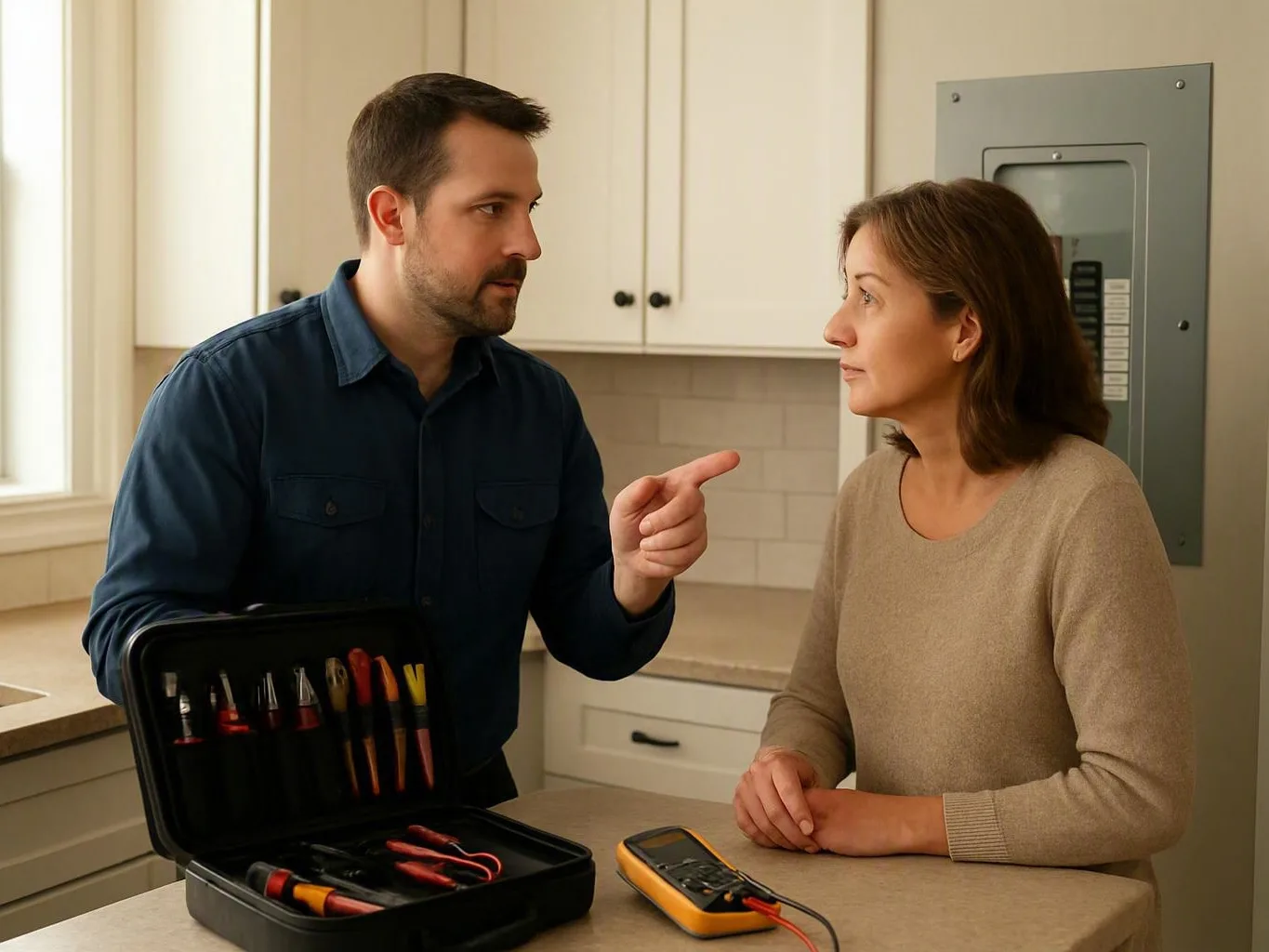 Man points toward a woman in a kitchen beside an open toolbox and handheld