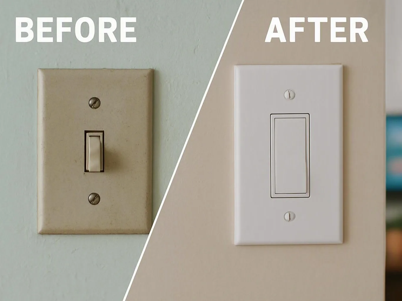 Before-and-after view of a wall light switch changing from a beige plate to a