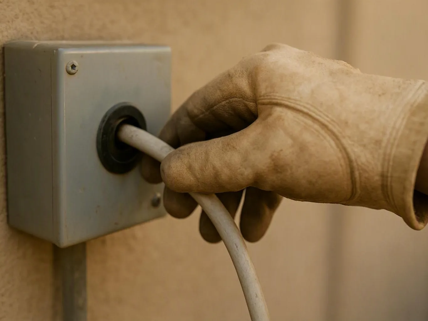 Gloved hand pulling a white cable from a gray electrical box in a beige room