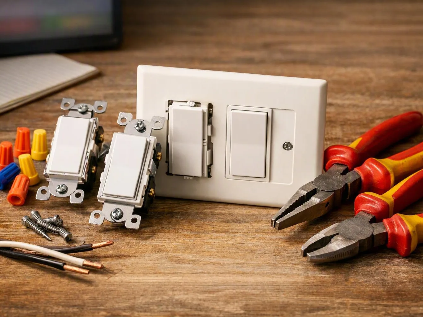 Electrical switches, pliers, screws, wire nuts, and copper wires arranged on a
