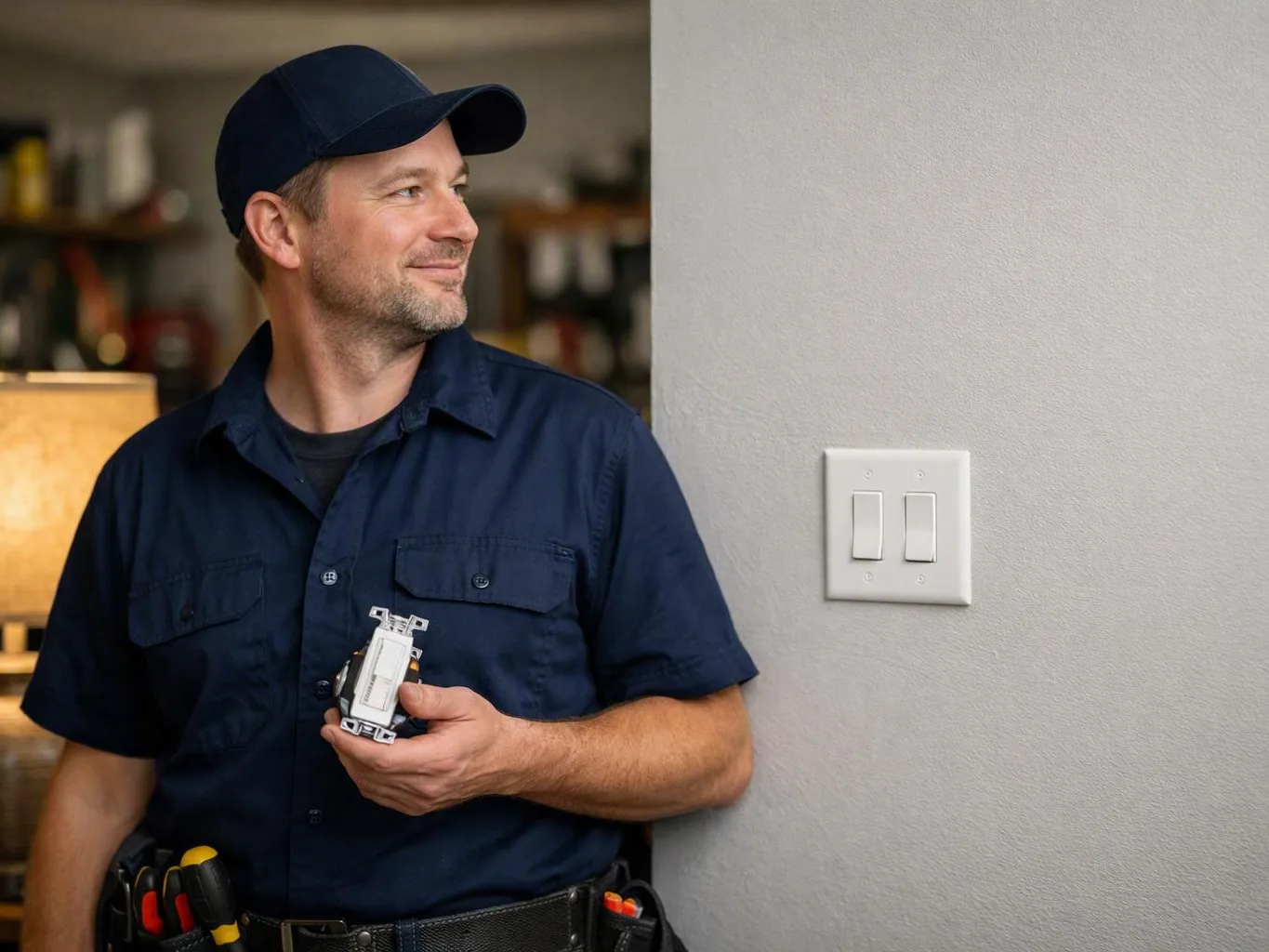 Smiling electrician in a navy uniform holds a light switch beside a wall plate