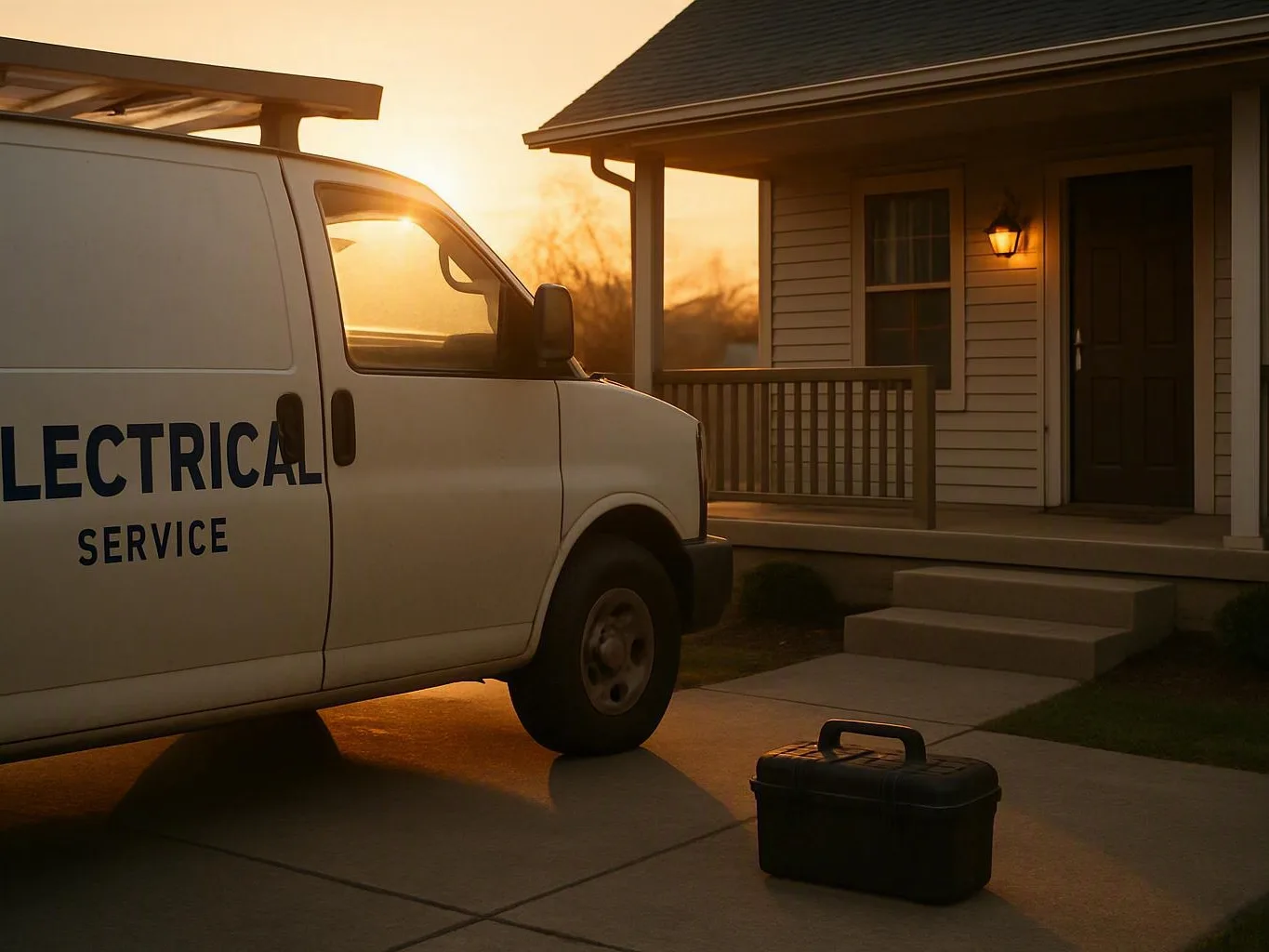 White electrical service van parked beside a house at sunset with a toolbox on