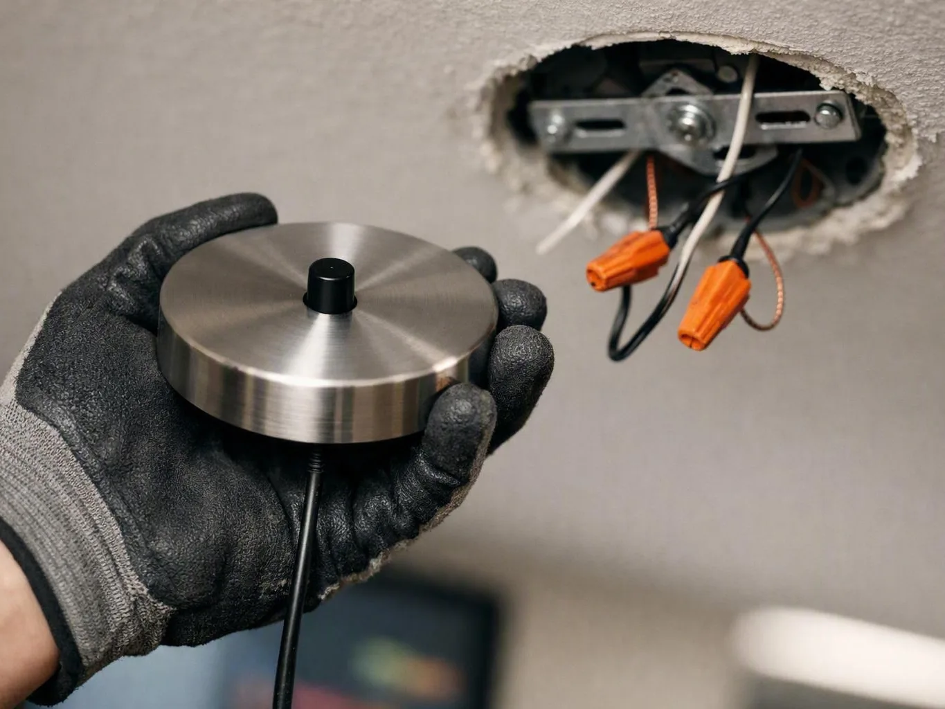Gloved hand holds a metal ceiling fixture beside exposed electrical wires in a