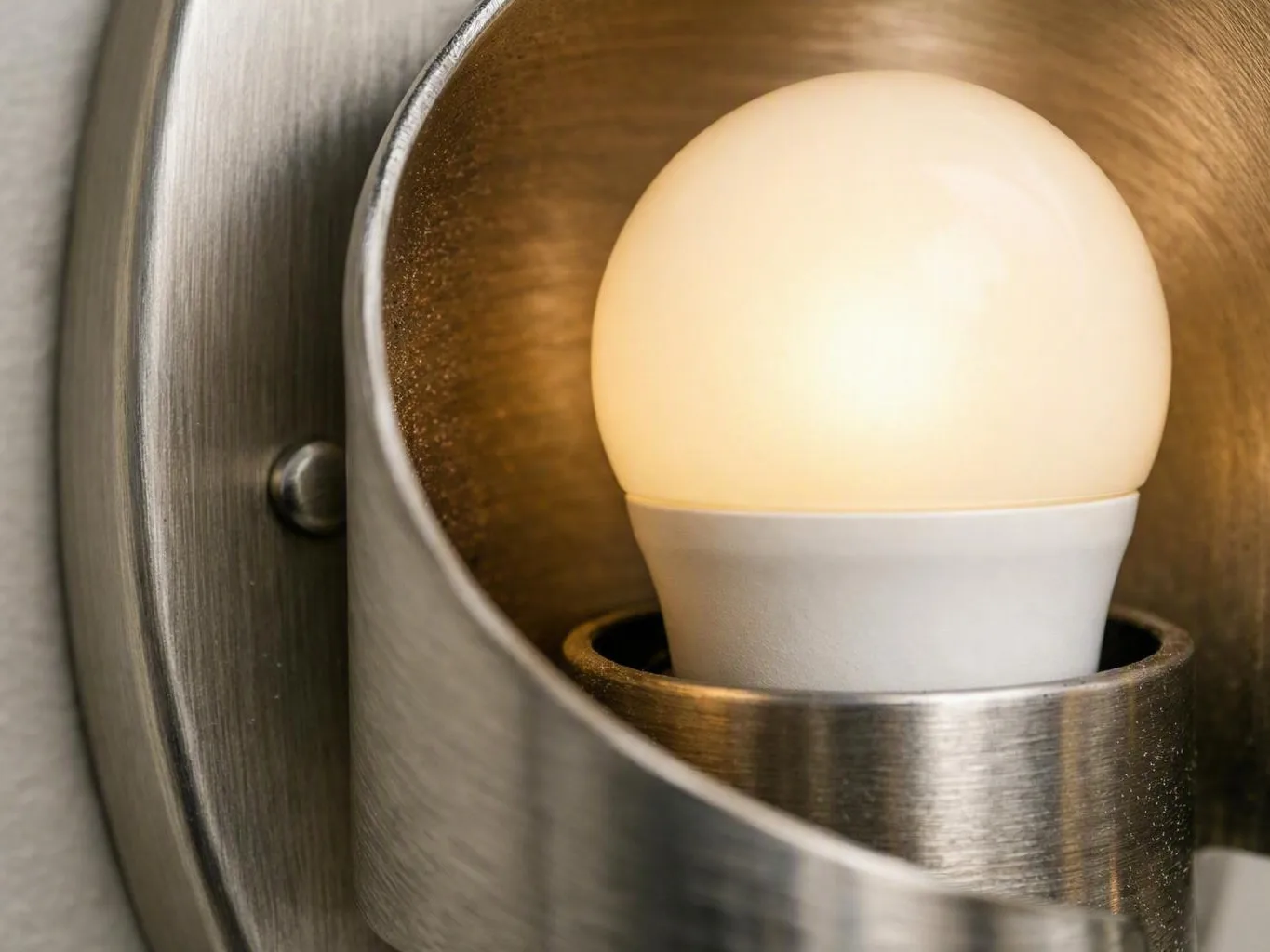 Glowing bulb mounted inside a brushed metal wall sconce