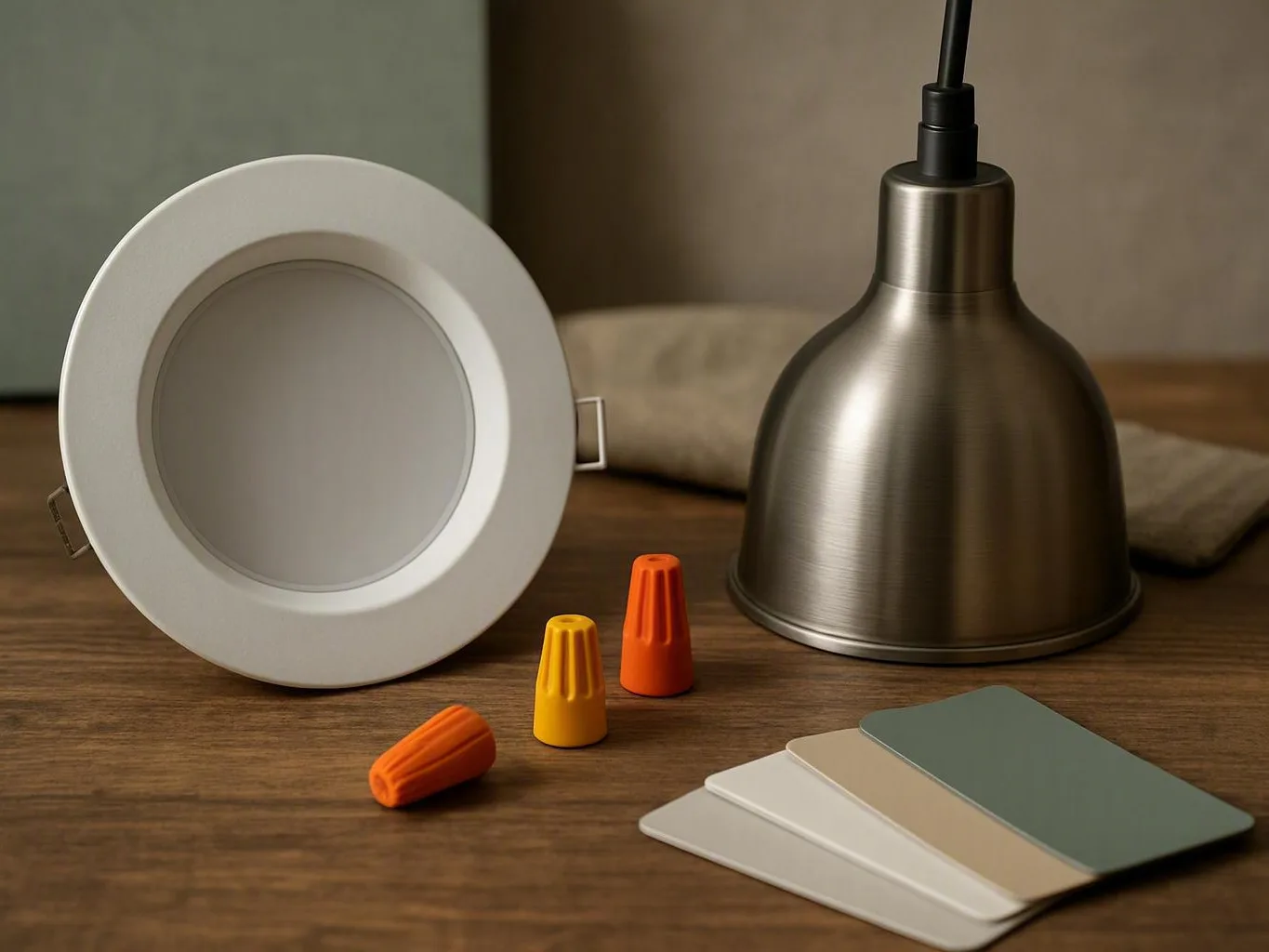 Lighting fixture, pendant lamp, wire caps, and color samples arranged on a
