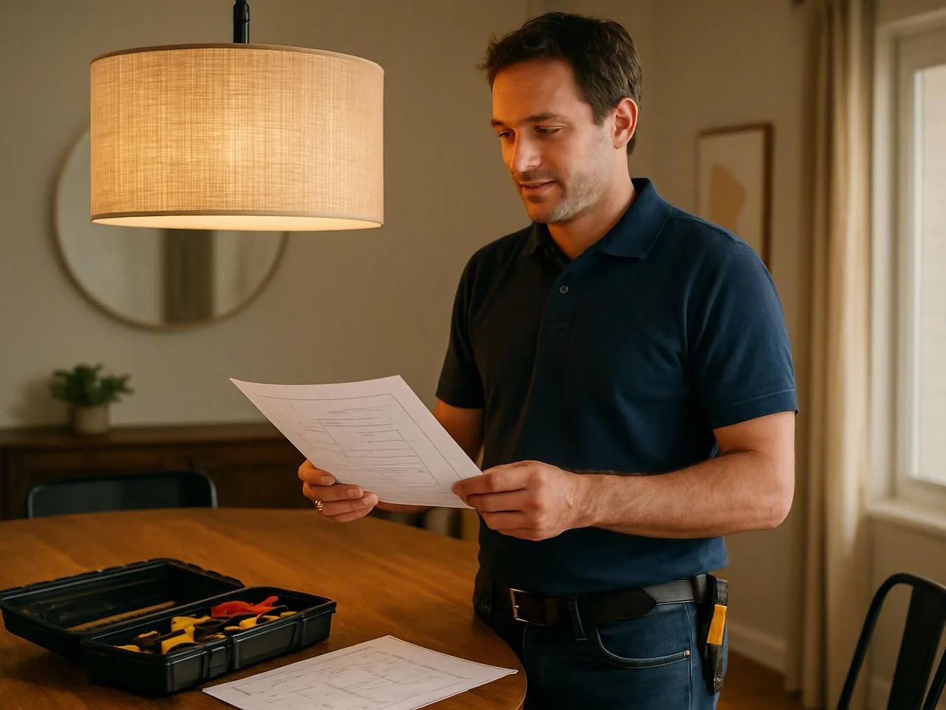 Man reviews paperwork beside a toolbox on a dining table