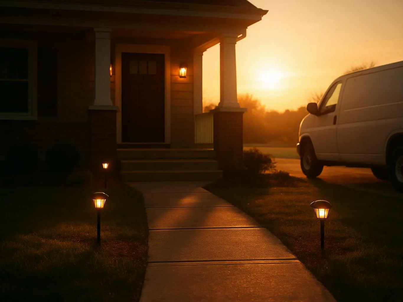 White service van beside a house with illuminated path lights at sunset