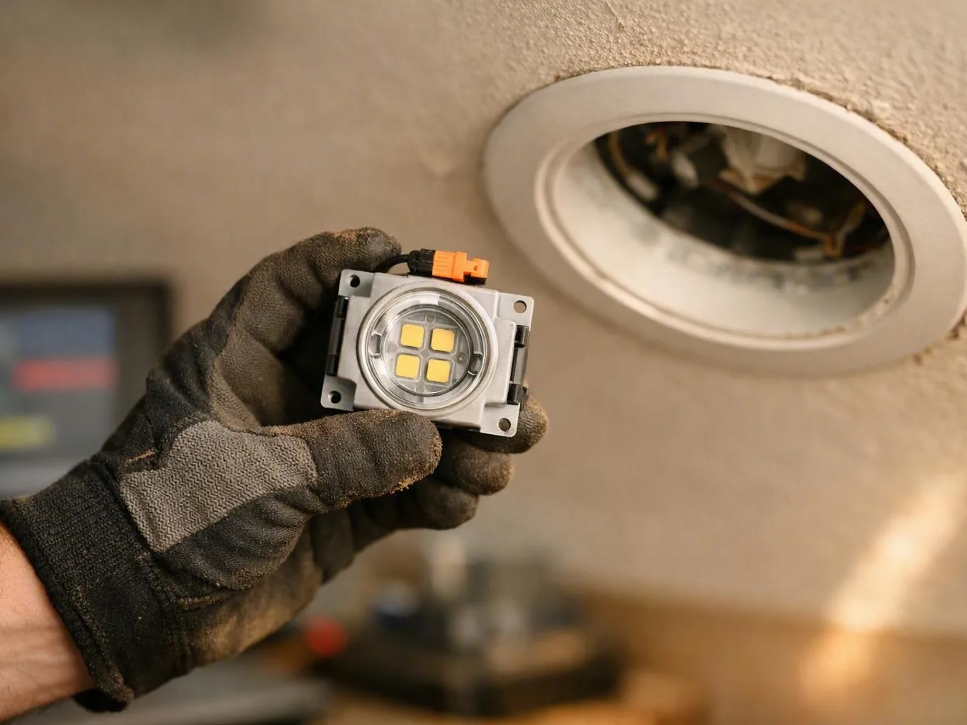 Gloved hand holds a small LED module near a recessed ceiling fixture indoors