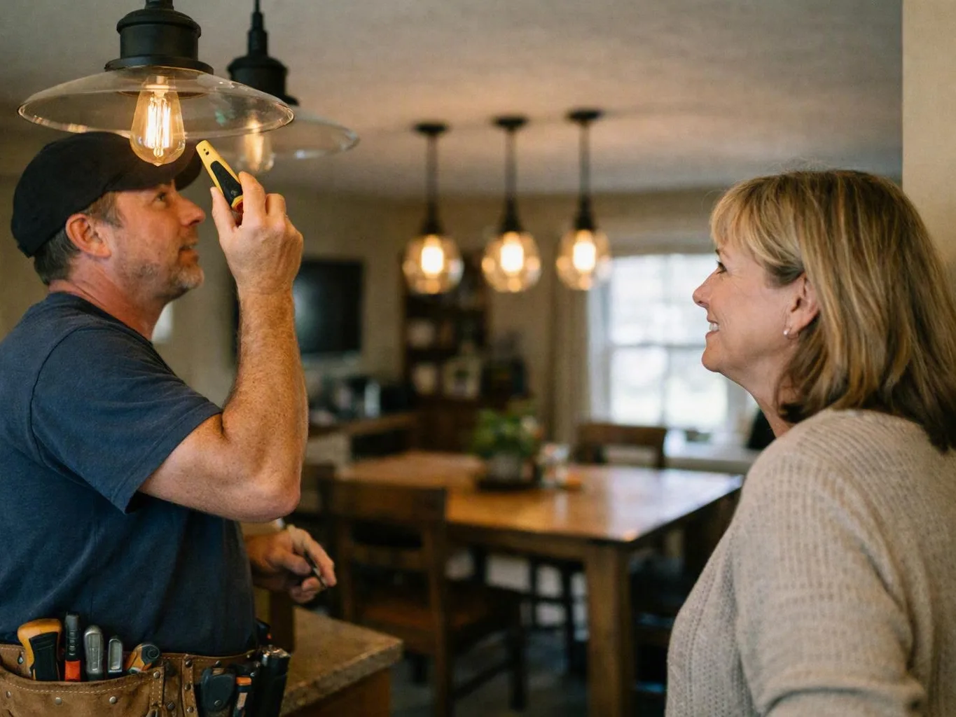 A man inspects a hanging light with a tester while a woman watches in a warm