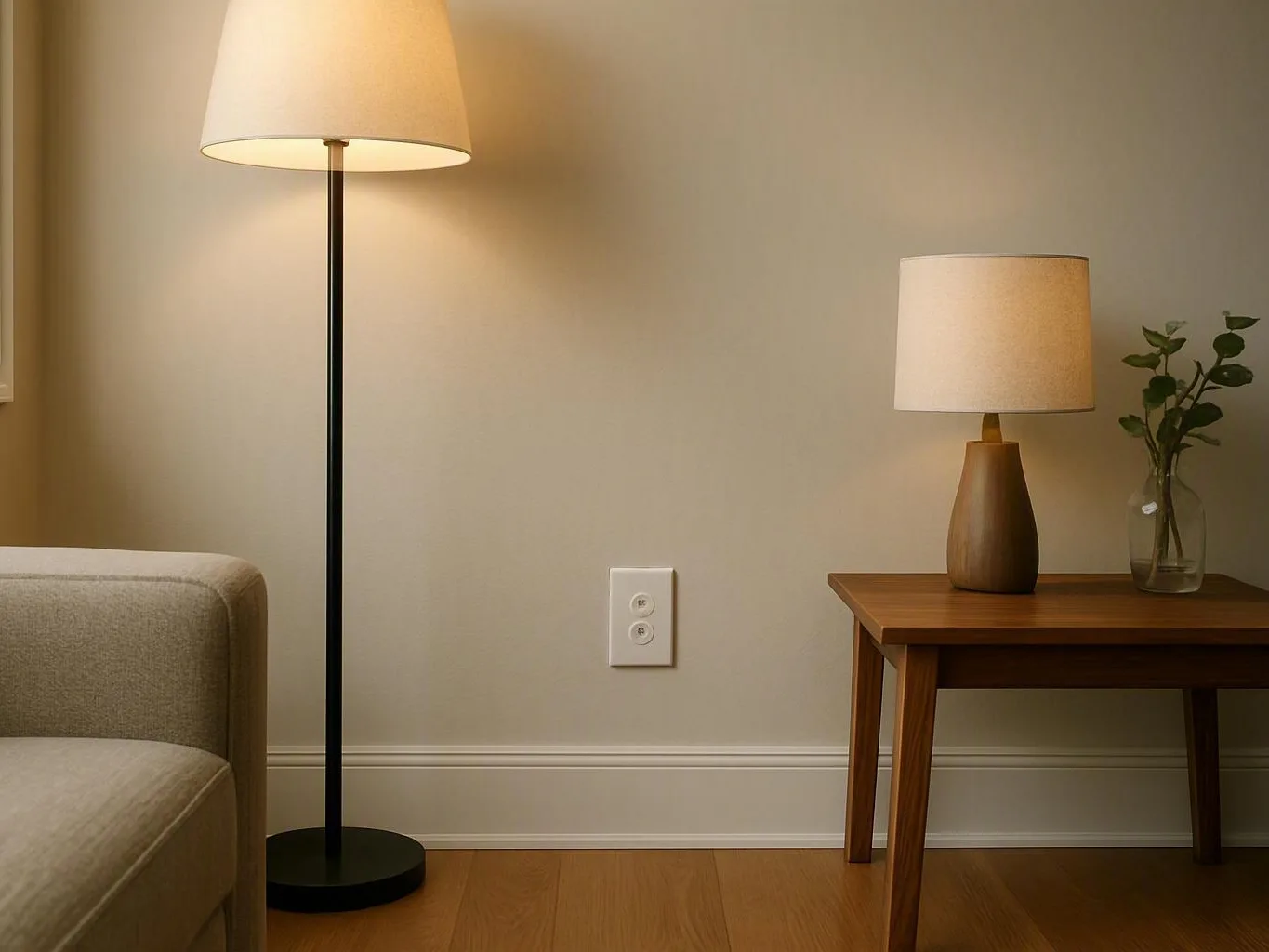 Cozy living room corner with a lit floor lamp, side table, vase, and sofa