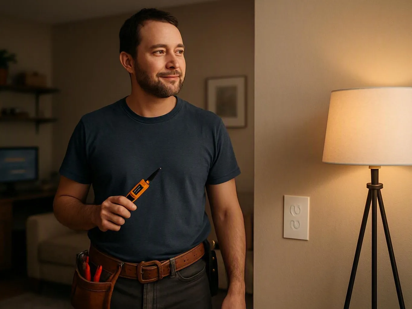 Electrician with a tool belt holding a screwdriver beside a lit floor lamp