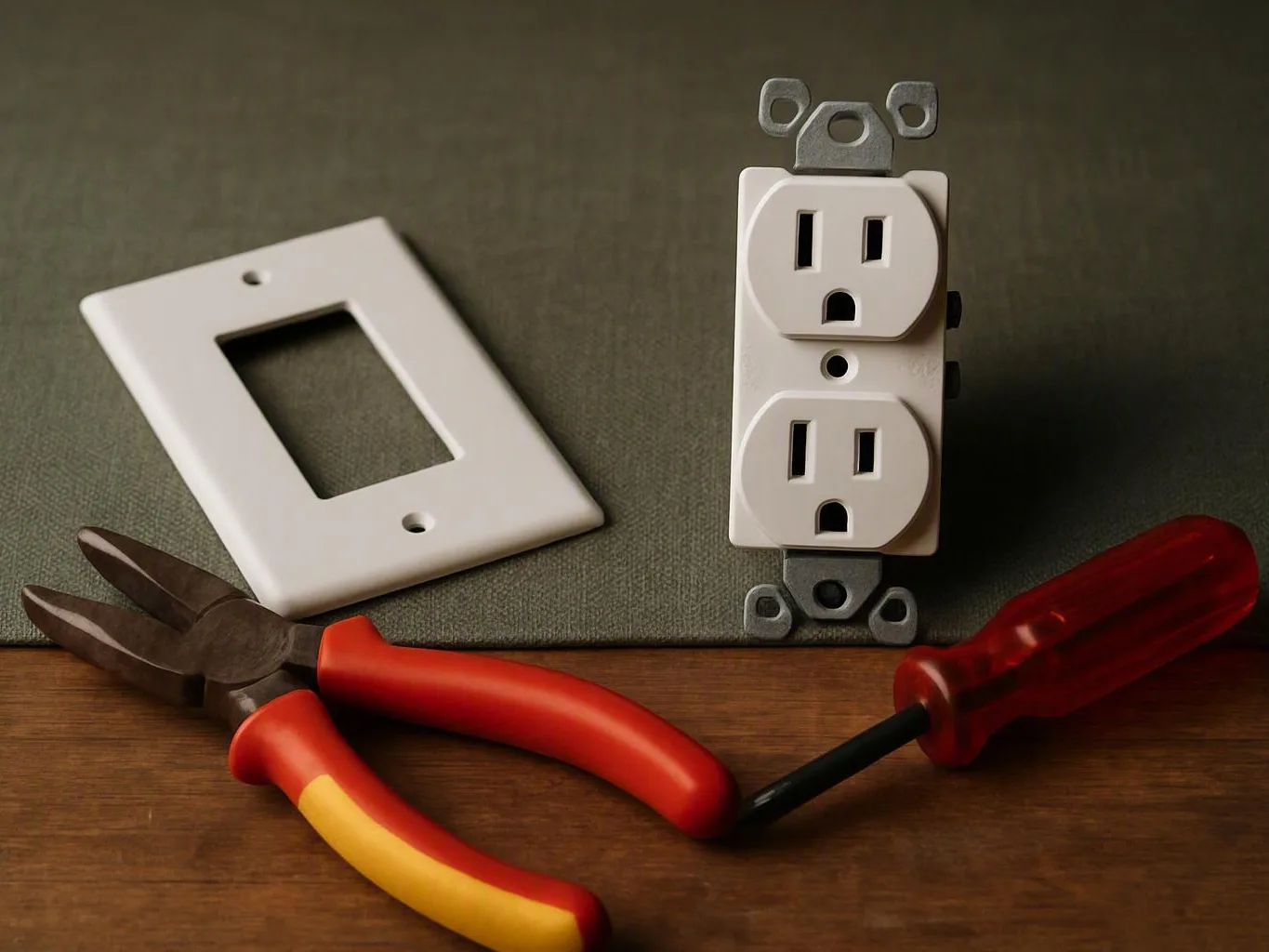 Wall outlet plate, pliers, and red screwdriver arranged on a wooden surface