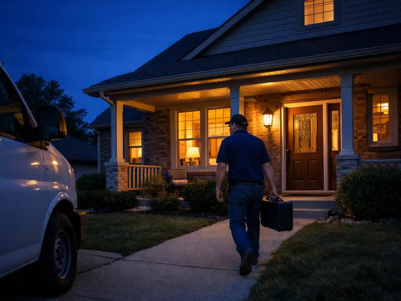 Electrician carrying a black case toward a warmly lit house at dusk