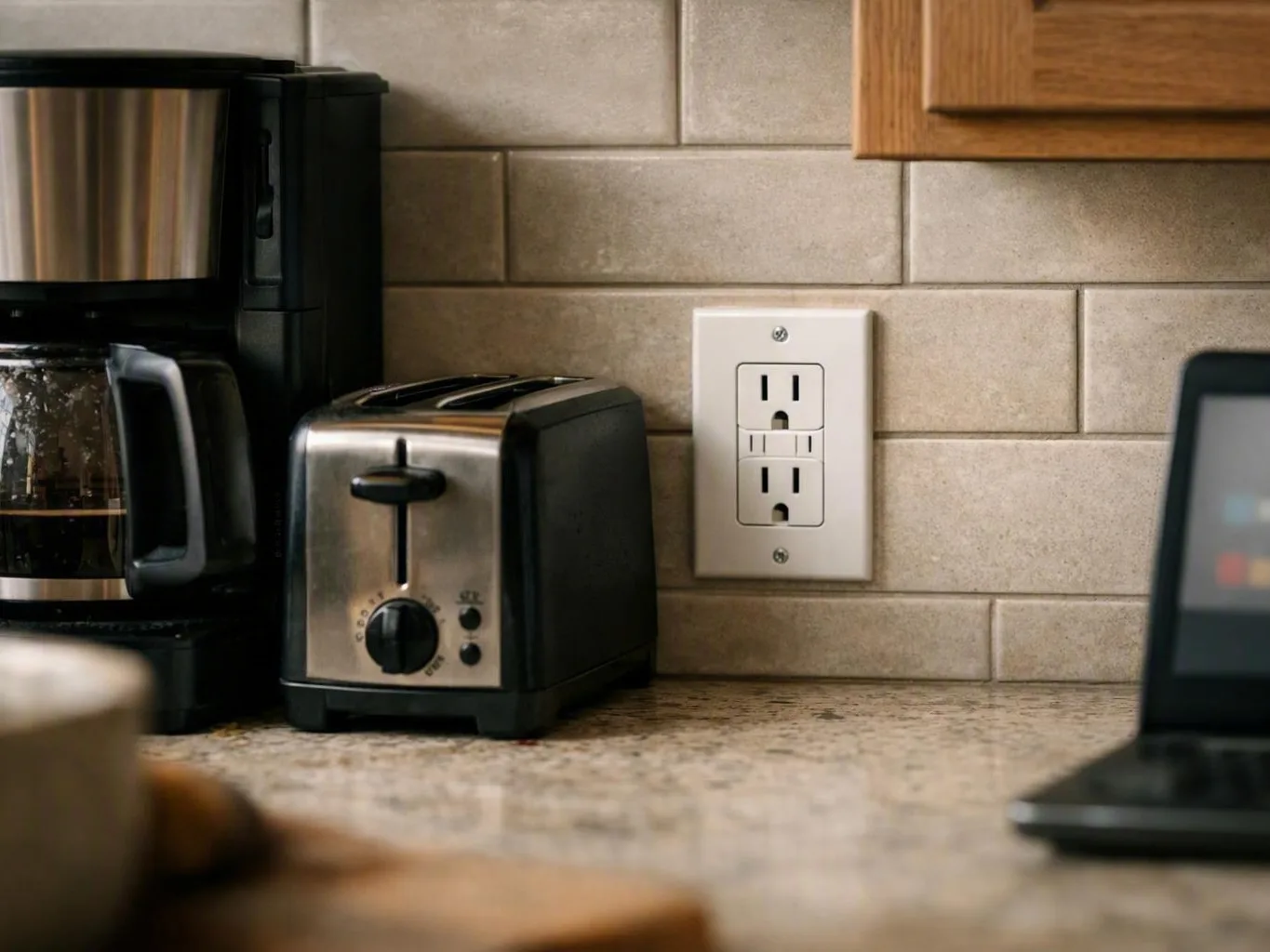 Kitchen counter with coffee maker, toaster, wall outlet, and laptop edge