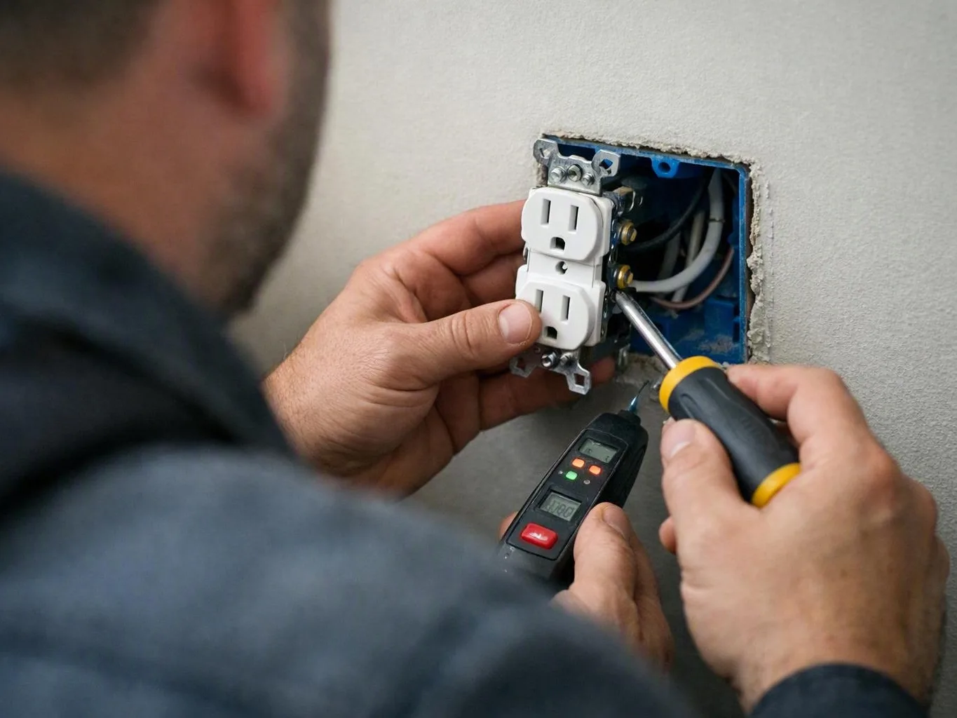 Technician installs a white wall outlet beside exposed wires using electrical