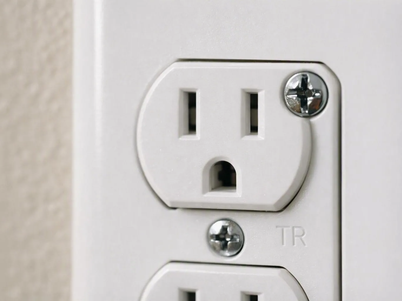 Close-up of a white duplex electrical outlet with visible screws on a wall