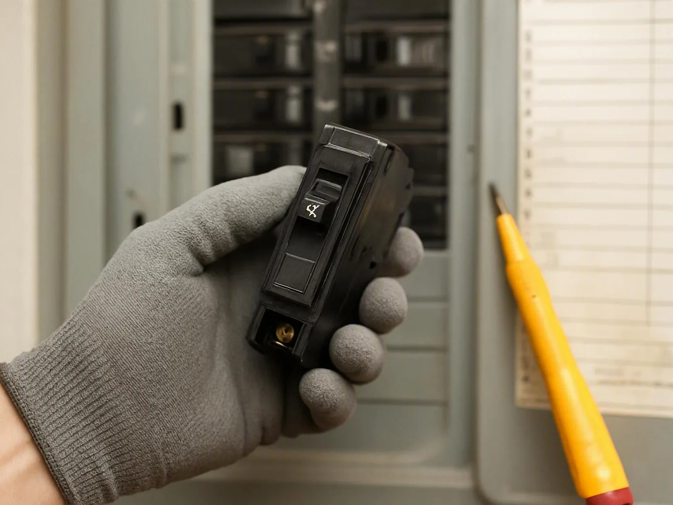 Electrician testing a breaker panel inside a home