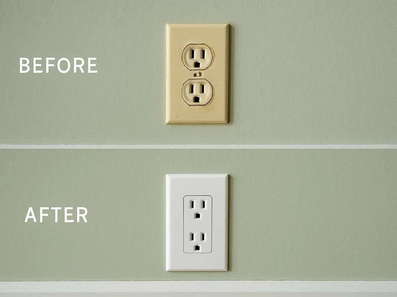 Before and after view of a worn beige outlet plate replaced with a clean white