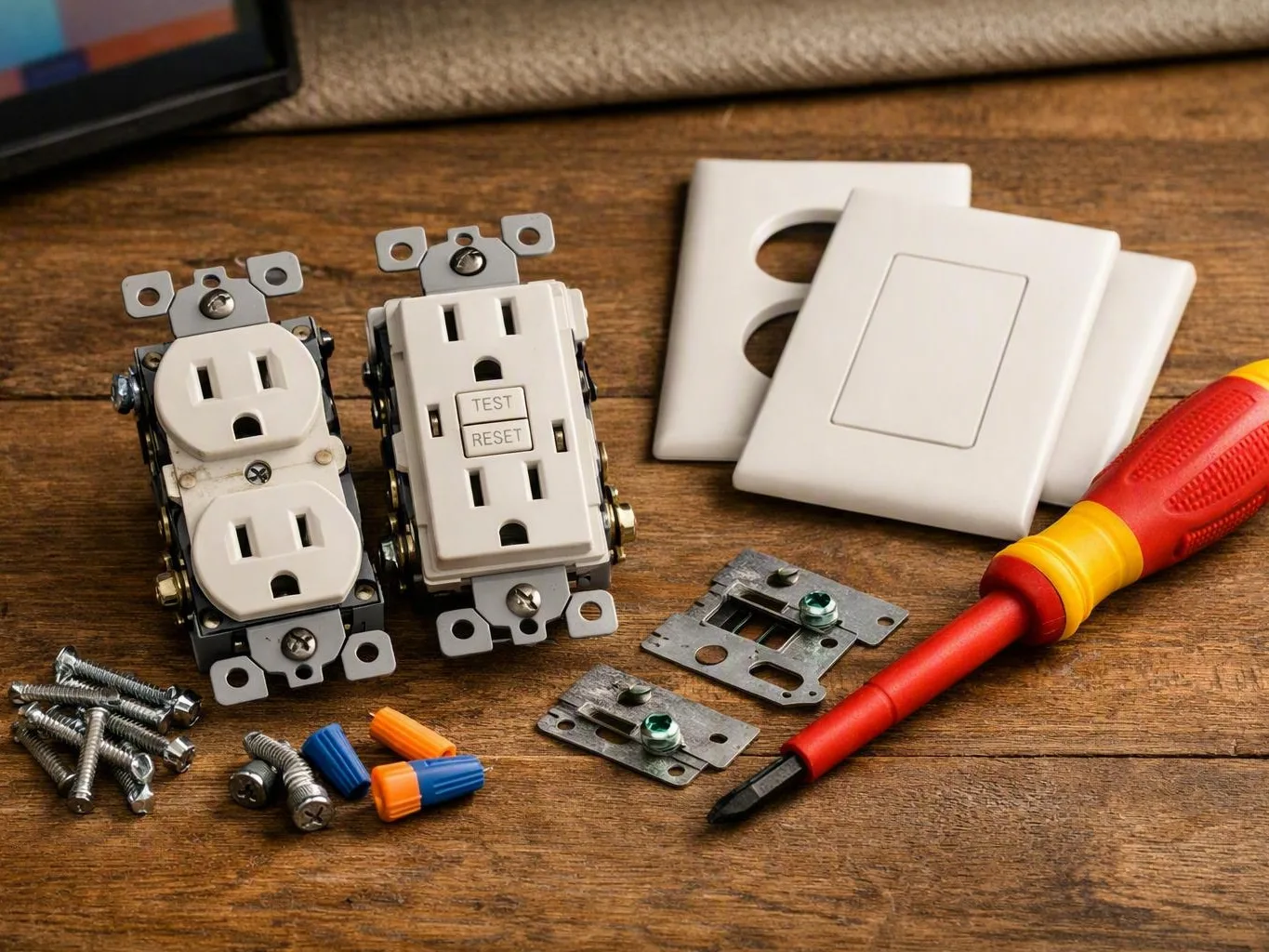 Electrical outlets, wall plates, screws, wire nuts, and red screwdriver on a
