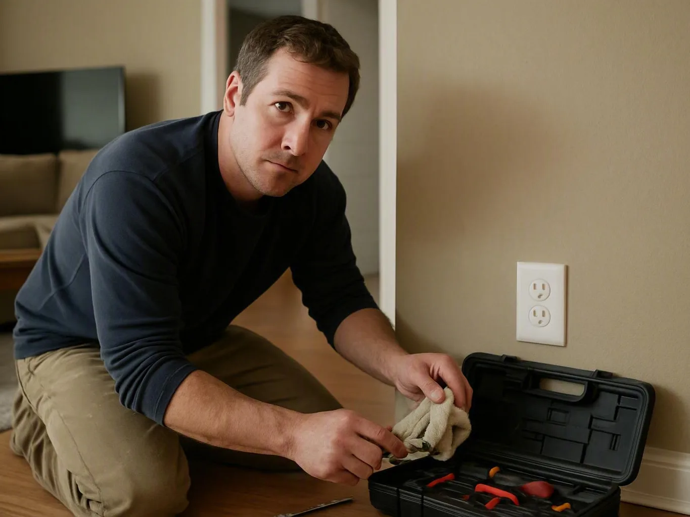 Technician kneeling beside a wall outlet with cleaning tools in an open black