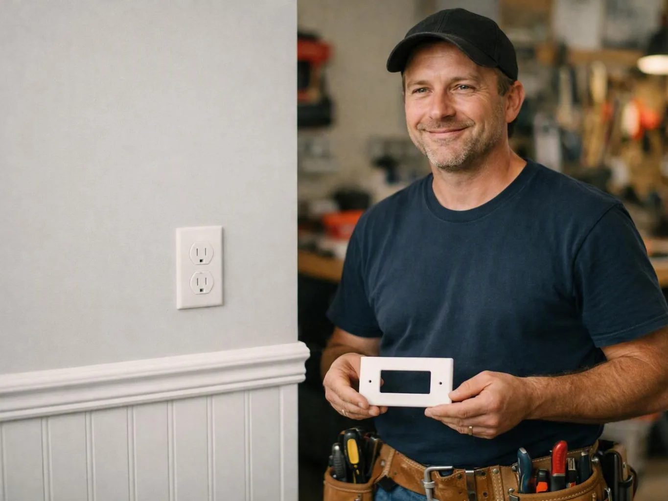 Smiling handyman holding a white wall plate inside a workshop with tools behind