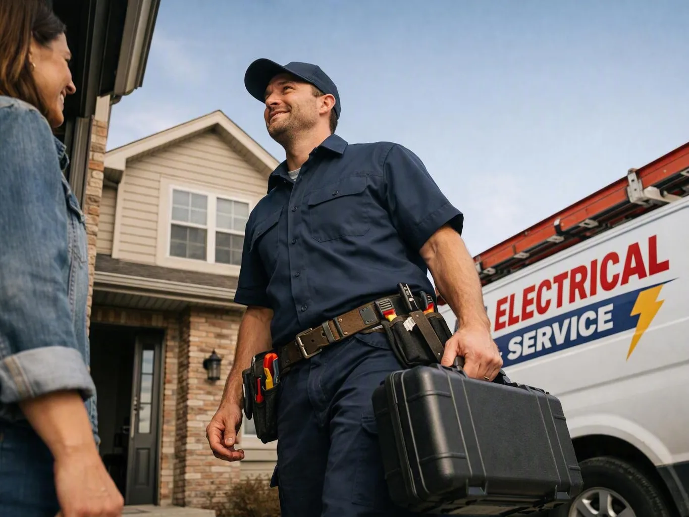 Electrician carrying a tool case speaks with a woman beside a house and service