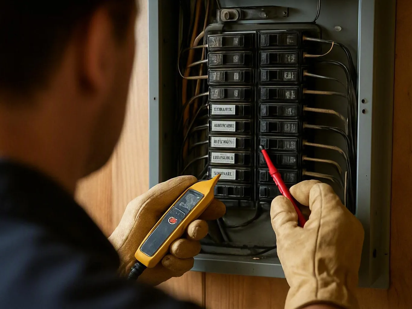 Gloved technician tests a circuit breaker panel with a red probe and yellow