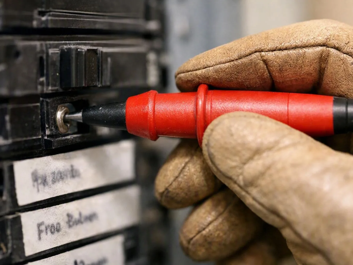 Gloved hand places a red multimeter probe against a circuit breaker panel